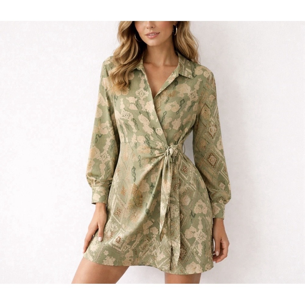 Rachel Zoe Green Geometric Wrap Shirt Dress Womens XS Long Sleeve Tie Mini